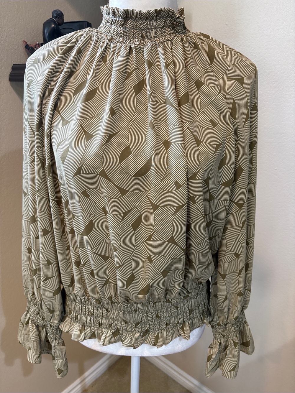 Worthington Olive and Cream Geometric Smocked-Neck Blouse-Size M